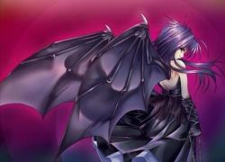Rule 34 | 1girl, artist request, black dress, black gloves, chain, closed mouth, demon girl, demon wings, dress, female focus, from behind, gloves, holding, jpeg artifacts, long hair, looking at viewer, looking back, lowres, pink background, purple hair, simple background, smile, solo, source request, standing, strapless, strapless dress, wings, yellow eyes