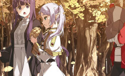 1boy 2girls :o bag belt black_belt black_pants black_shirt capelet day dress earrings eating elf fern_(sousou_no_frieren) food forest frieren frills from_side green_eyes grey_hair highres holding holding_bag jacket jewelry long_hair long_sleeves multiple_girls nature open_clothes open_jacket outdoors pants pointy_ears profile purple_eyes purple_hair red_jacket shikei shirt sousou_no_frieren stark_(sousou_no_frieren) striped_clothes striped_shirt tree twintails white_capelet white_dress white_shirt