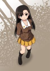 Rule 34 | 1girl, arms behind back, asymmetrical bangs, black footwear, boots, brown eyes, brown hair, brown jacket, chi-hatan military uniform, closed mouth, commentary, from above, full body, girls und panzer, gofu, jacket, knee boots, long hair, long sleeves, looking at viewer, looking up, military, military uniform, miniskirt, nishi kinuyo, pleated skirt, skirt, smile, solo, standing, uniform, yellow skirt