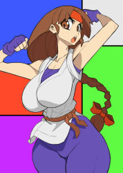 Rule 34 | 1girl, alternate breast size, braid, breasts, brown eyes, brown hair, fingerless gloves, gloves, hair ribbon, headband, highres, huge breasts, legs, long hair, looking at viewer, open mouth, ribbon, ryuuko no ken, snk, solo, spandex, the king of fighters, thick thighs, thighs, wide hips, yuri sakazaki