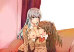 Rule 34 | 2girls, aqua eyes, aqua hair, ascot, blazer, blush, bow, bowtie, breast sucking, breasts, brown hair, brown jacket, brown skirt, couch, closed eyes, hair ornament, hairclip, highres, indoors, jacket, kantai collection, kumano (kancolle), large breasts, long hair, multiple girls, nipples, no bra, open clothes, open shirt, ponytail, red neckwear, rukialice, school uniform, sitting, skirt, suzuya (kancolle), window, yuri