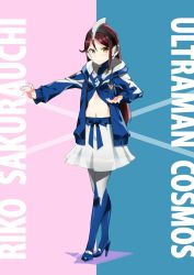 Rule 34 | 1girl, blue background, blue footwear, blue ribbon, blue thighhighs, breasts, character name, color timer, commentary, cosplay, english text, full body, grey thighhighs, headphones, high heels, highres, jacket, long hair, looking at viewer, love live!, love live! sunshine!!, midriff, miniskirt, multicolored clothes, multicolored legwear, navel, pink background, red hair, revision, ribbon, sakurauchi riko, sasanon (sasapoliton), see-through, see-through skirt, sidelocks, skirt, small breasts, solo, standing, thighhighs, two-tone background, ultra series, ultraman cosmos, ultraman cosmos (cosplay), ultraman cosmos (series), yellow eyes