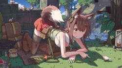 Rule 34 | 1girl, absurdres, all fours, animal ear fluff, animal ears, backpack, bag, battle rifle, bird, black thighhighs, blush, boots, brick wall, brown bag, brown footwear, brown hair, brown tail, camouflage, camouflage necktie, check weapon, chinese commentary, closed mouth, clothing request, commentary request, day, digital camouflage, food, fox ears, fox girl, fox tail, frying pan, full body, grass, gun, hair between eyes, hair ornament, highres, hinbackc, kitchen knife, lantern, m14, meat, original, outdoors, red shorts, rifle, scenery, seed, seed bag, shadow, shirt, shorts, smile, snake hair ornament, solo, strap, tail, tarpaulin, thigh boots, thighhighs, torn clothes, torn thighhighs, tree, vial, weapon, weapon on floor, white shirt, yellow eyes, zipper footwear