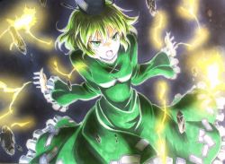 Rule 34 | 1girl, angry, beluo77, black background, colored pencil (medium), dress, electricity, floating, floating object, graphite (medium), green dress, green hair, hands up, hat, long skirt, marker (medium), ofuda, ofuda on clothes, short hair, skirt, soga no tojiko, solo, tate eboshi, touhou, traditional media
