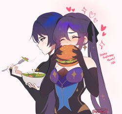 Rule 34 | 1boy, 1girl, absurdres, armor, bare shoulders, black gloves, black hair, blush, breasts, burger, closed eyes, commentary, dated, eating, elbow gloves, english commentary, english text, food, genshin impact, gloves, hair between eyes, happy birthday, heart, highres, holding, holding burger, holding food, japanese armor, jewelry, kote, kurokote, leotard, long hair, medium breasts, memeh, mona (genshin impact), open mouth, puff of air, purple hair, salad, scaramouche (genshin impact), signature, simple background, strapless, strapless leotard, tears, twintails, wanderer (genshin impact)