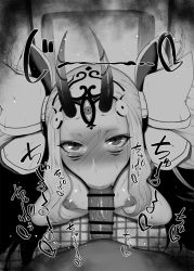 Rule 34 | 1boy, 1girl, :&gt;=, bar censor, blush, breasts, censored, fate/grand order, fate (series), fellatio, from above, greyscale, hair ribbon, hetero, horns, ibaraki douji (fate), indoors, kurotama, long hair, looking at viewer, monochrome, nipples, oni, oni horns, oral, penis, pointless censoring, pov, puffy nipples, ribbon, small breasts, solo focus, sound effects, squatting, tile floor, tiles, toilet, upturned eyes