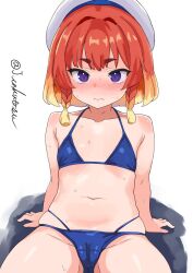 Rule 34 | 1girl, arm support, bare shoulders, bikini, blue bikini, blush, braid, breasts, cameltoe, closed mouth, collarbone, commentary request, etorofu (kancolle), gradient hair, halterneck, hat, highres, kantai collection, looking at viewer, multi-strapped bikini bottom, multicolored hair, navel, nose blush, one-hour drawing challenge, orange hair, purple eyes, rakutosu, red hair, sitting, skindentation, small breasts, solo, sweat, swimsuit, tail, thick eyebrows, thighs, twin braids, twitter username