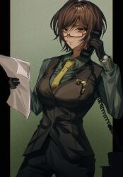 Rule 34 | 1girl, black gloves, black pants, black vest, breasts, brown eyes, brown hair, closed mouth, collared shirt, commentary request, corded phone, fanmaiji1101, glasses, gloves, green shirt, highres, holding, holding paper, holding phone, large breasts, limbus company, long sleeves, looking at viewer, mature female, necktie, outis (project moon), pants, paper, phone, project moon, shirt, short hair, solo, standing, vest, watch, wing collar, wristwatch, yellow necktie