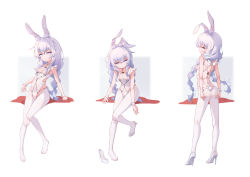Rule 34 | + +, 1girl, absurdres, animal ears, ass, azur lane, blue eyes, bow, braid, breasts, chan sang, character sheet, chinese commentary, choker, closed mouth, commentary request, covered navel, expressionless, fake animal ears, fake tail, from behind, full body, hair bow, hairband, high heels, highres, le malin (azur lane), le malin (listless lapin) (azur lane), leotard, long hair, low twin braids, o-ring, o-ring choker, pantyhose, playboy bunny, poses, rabbit ears, rabbit tail, shoes, unworn shoes, sidelocks, silver footwear, silver hair, simple background, sitting, sleeveless, small breasts, standing, tail, toes, twin braids, white background, white bow, white leotard, white pantyhose, wrist cuffs