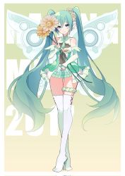 Rule 34 | 1girl, absurdly long hair, character name, crossed legs, english text, flower, full body, goodsmile racing, green background, green theme, hatsune miku, highres, holding, holding flower, kusunokimizuha, long hair, over-kneehighs, racing miku, racing miku (2017), simple background, solo, standing, thigh gap, thigh scrunchie, thighhighs, very long hair, white thighhighs, wings