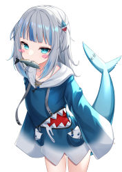 Rule 34 | 1girl, animal hood, blue eyes, blue hair, blue hoodie, blunt bangs, blush, blush stickers, commentary request, fins, fish, fish in mouth, fish tail, food, gawr gura, gawr gura (1st costume), grey background, hair ornament, highres, hololive, hololive english, hood, hoodie, leaning forward, long sleeves, looking at viewer, md5 mismatch, mouth hold, multicolored hair, open mouth, resolution mismatch, shark hair ornament, shark tail, sharp teeth, simple background, smile, solo, source smaller, streaked hair, tail, tasuku (user fkzv3343), teeth, two side up, virtual youtuber, white hair, wide sleeves