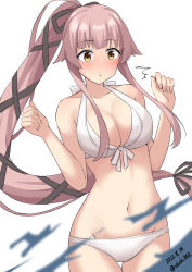 Rule 34 | 1girl, akahi242, bikini, blurry, breasts, brown eyes, cleavage, cowboy shot, depth of field, hair flaps, hair ribbon, highres, kantai collection, large breasts, long hair, official alternate costume, pink hair, ponytail, ribbon, simple background, solo, standing, swimsuit, thigh gap, very long hair, white background, white bikini, yura (kancolle)