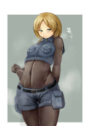 Rule 34 | 1girl, absurdres, ansatsu kyoushitsu, arm behind back, belt, black legwear, blonde hair, blue shorts, blue vest, blush, bodystocking, border, breasts, closed mouth, covered navel, cowboy shot, female focus, green background, green eyes, groin, hair tie, hand up, hayami rinka, highres, japanese text, jpeg artifacts, looking to the side, outside border, pouch, short shorts, shorts, simple background, small breasts, solo, standing, steam, steaming body, sweat, translation request, umagoya mochi, vest, white border