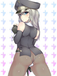 Rule 34 | 1girl, ass, bad id, bad pixiv id, bare shoulders, black gloves, black pantyhose, blue eyes, butt crack, cameltoe, detached sleeves, from behind, gloves, hat, kageshio (276006), looking back, original, panties, panties over pantyhose, pantyhose, peaked cap, shion (kageshio), solo, thong, underwear, v-string, white panties, wrist cuffs
