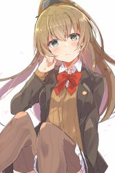 Rule 34 | 10s, 1girl, blush, bow, bowtie, brown hair, brown skirt, brown thighhighs, cardigan, frown, green eyes, hand on own cheek, hand on own face, high ponytail, highres, kantai collection, kumano (kancolle), long hair, long sleeves, petals, ponytail, remodel (kantai collection), ribbon, simple background, skirt, solo, takeshima eku, thighhighs, unamused, white background