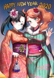 Rule 34 | 2girls, aqua eyes, artist name, asymmetrical bangs, black hair, blush, breasts, closed mouth, commentary, creatures (company), earrings, eyelashes, flower, foxyreine, frown, game freak, green eyes, hair flower, hair ornament, happy new year, highres, holding, japanese clothes, jewelry, kimono, long hair, long sleeves, looking at viewer, marnie (pokemon), multiple girls, new year, nintendo, orange hair, pokemon, pokemon swsh, sash, seigaiha, side ponytail, smile, sonia (pokemon), split mouth, striped clothes, striped kimono, vertical-striped clothes, vertical-striped kimono, watermark, waving, wide sleeves