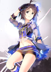Rule 34 | 1girl, antenna hair, bad id, bad pixiv id, belt, black gloves, black hair, black shorts, blue ribbon, copyright name, crop top, feather hair ornament, feathers, from below, gloves, gradient background, grey background, groin, hair ornament, hair ribbon, highres, idolmaster, idolmaster (classic), idolmaster million live!, idolmaster million live! theater days, kikuchi makoto, midriff, navel, ns.x, purple eyes, ribbon, short hair, short shorts, shorts, smile, solo, standing, stomach, white feathers