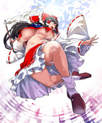 Rule 34 | 1girl, black hair, bow, breasts, brown eyes, brown footwear, detached sleeves, frilled skirt, frills, from below, gohei, hair bow, hair tubes, hakurei reimu, highres, holding, huge breasts, long hair, looking to the side, navel, no bra, nontraditional miko, open mouth, red bow, red skirt, ribbon-trimmed sleeves, ribbon trim, skirt, solo, touhou, umigarasu (kitsune1963), underboob, upshirt, white legwear, wide sleeves