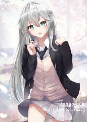 Rule 34 | 1girl, :d, artist name, black jacket, black necktie, brown cardigan, cardigan, collared shirt, copyright request, day, green eyes, grey hair, grey skirt, hair between eyes, hands up, happy birthday, highres, jacket, leaning forward, long sleeves, long wuxian, necktie, open clothes, open jacket, open mouth, outdoors, petals, pleated skirt, puffy long sleeves, puffy sleeves, school uniform, shirt, skirt, sleeves past wrists, smile, solo, white shirt