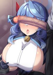Rule 34 | 1boy, 1girl, ako (blue archive), blue archive, blue hair, blush, breasts, censored, covering face, garukichi, gloves, highres, huge breasts, large penis, penis, penis on face, penis over eyes, sideboob, tongue, tongue out