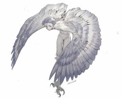Rule 34 | 1boy, colored skin, feathered wings, flying, grey skin, harpy boy, highres, male focus, monster boy, mullmull02, no penis, nude, original, short hair, simple background, solo, twitter username, white background, wings