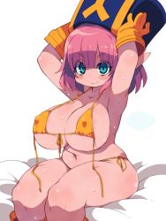 Rule 34 | 1girl, absurdres, areola slip, armpits, arms up, bikini, blue eyes, blue hat, blunt bangs, blush, breasts, closed mouth, covered erect nipples, covered navel, dragon quest, dragon quest x, elf (dq10), gloves, hat, highres, huge breasts, looking at viewer, micro bikini, pink hair, pointy ears, short hair, simple background, sitting, smile, solo, sweat, swimsuit, untied bikini, white background, yellow bikini, yellow gloves, zankuro