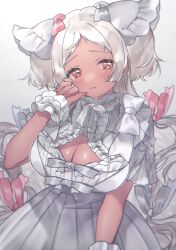Rule 34 | 1girl, absurdres, blush, bow, breasts, cleavage, cleavage cutout, clothing cutout, dark-skinned female, dark skin, dress, fang, fur trim, grey bow, hair bow, highres, indie virtual youtuber, large breasts, long hair, looking at viewer, mole, mole on breast, nekobuki kemuri, parted bangs, pink bow, red eyes, red nails, shiguri, skin fang, solo, symbol in eye, very long hair, virtual youtuber, white bow, white dress, white hair