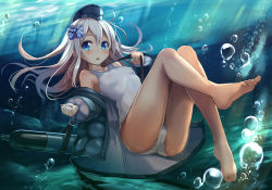 Rule 34 | 1girl, ass, barefoot, blonde hair, blue eyes, blush, breasts, cosplay, cropped jacket, feet, garrison cap, hair ornament, hat, kantai collection, long hair, looking at viewer, military, military uniform, one-piece swimsuit, ro-500 (kancolle), school swimsuit, small breasts, solo, swimsuit, swimsuit under clothes, tan, toes, torpedo, transformation, u-511 (kancolle), underwater, uniform, yuuki yuu