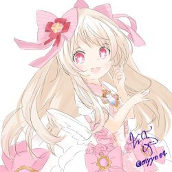 Rule 34 | 1girl, blonde hair, blush, chame (myyo04), chaos marie (grimms notes), cleavage cutout, clothing cutout, dress, grimms notes, hair ribbon, hair spread out, heart, heart-shaped pupils, jewelry, long hair, looking at viewer, open mouth, pendant, pink eyes, ribbon, signature, simple background, sketch, smile, solo, symbol-shaped pupils, twitter username, white background, wings