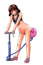 Rule 34 | 1girl, air pump, bicycle pump, blue eyes, blush, bottomless, brown hair, full body, inflation, innertube, large insertion, mayonnaise (ringo gakuen), no socks, object insertion, original, pump, shoes, simple background, smile, sneakers, solo, standing, stomach bulge, swim ring, tears, white background