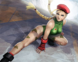 Rule 34 | 1990s (style), 1girl, beret, blonde hair, blue eyes, boots, braid, cammy white, capcom, fingerless gloves, gloves, hat, jkuo, leotard, long hair, scar, solo, squatting, street fighter, street fighter ii (series), twin braids