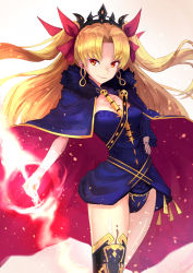 Rule 34 | 1girl, bad id, bad pixiv id, blonde hair, blue cape, blue leotard, cape, closed mouth, cowboy shot, earrings, ereshkigal (fate), fate (series), fur trim, hand on own hip, highres, holding, holding weapon, jewelry, leotard, long hair, looking at viewer, necklace, red eyes, sawawse, smile, solo, spine, standing, thighhighs, tohsaka rin, two side up, weapon, white background