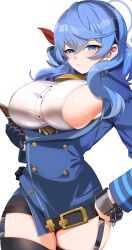 Rule 34 | 1girl, absurdres, ako (blue archive), bell, black skirt, black thighhighs, blue archive, blue eyes, blue gloves, blue hair, blue jacket, blush, breasts, buttons, clipboard, collar, cowbell, cuffs, double-breasted, garter straps, gloves, hair between eyes, hair ribbon, hairband, half gloves, halo, highres, jacket, large breasts, long hair, long sleeves, looking at viewer, maou (maoudaisukiya), miniskirt, pencil skirt, ribbon, shackles, sideboob, skirt, solo, thighhighs, thighs, underbust