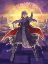Rule 34 | 1girl, ankle lace-up, arm up, backlighting, boots, cape, cross-laced footwear, dress, expressionless, female focus, flying, hijiri byakuren, long hair, looking at viewer, nakajimayou, purple hair, scroll, solo, sorcerer&#039;s sutra scroll, sunset, touhou, twilight