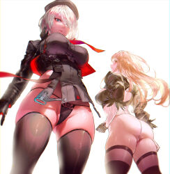 Rule 34 | 2b (nier:automata), 2girls, arm pouch, ass, back cutout, belt pouch, beret, black hairband, black headwear, black panties, black towel, boots, breasts, brown hair, clothing cutout, collared leotard, cosplay, costume switch, feather-trimmed sleeves, feather trim, goddess of victory: nikke, grenade launcher, hairband, hat, highres, ishikawa yui, juliet sleeves, kuroi suna, large breasts, leotard, long sleeves, looking down, milkor mgl, mole, mole under mouth, multiple girls, nier:automata, nier (series), panties, pouch, puffy sleeves, rapi (nikke), red lips, thick thighs, thighhighs, thighhighs under boots, thighs, thong, two-tone gloves, underwear, voice actor connection, weapon, white background, white hair, white leotard