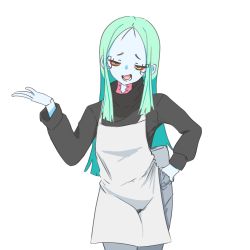 Rule 34 | 1girl, absurdres, apron, black sweater, colored sclera, cowboy shot, cyberpunk (series), cyberpunk edgerunners, denim, green hair, half-closed eyes, hand on own hip, hand up, highres, jeans, long hair, long sleeves, looking at viewer, lower teeth only, open mouth, pants, rebecca (cyberpunk), red sclera, simple background, smile, smirk, solo, sweater, teeth, white apron, white background, zlix0n