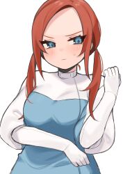 Rule 34 | 1girl, absurdres, alternate hairstyle, animification, apex legends, ashleigh reid, blue eyes, blue jacket, blush, breasts, brown hair, elbow gloves, gloves, highres, jacket, light frown, long hair, looking to the side, medium breasts, nagoooon 114, solo, sweatdrop, twintails, upper body, white background, white gloves