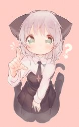 Rule 34 | 1girl, ?, animal ears, aqua eyes, bad id, bad pixiv id, black pantyhose, black skirt, blush, cat ears, cat tail, grey hair, highres, kneeling, long sleeves, looking at viewer, necktie, okayu (headless), pantyhose, paw print, pleated skirt, sanya v. litvyak, short hair, simple background, skirt, solo, strike witches, tail, world witches series