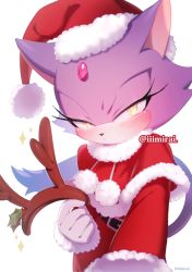 Rule 34 | 1girl, animal ears, antler ornament, bad id, bad pixiv id, belt, blaze the cat, blush, capelet, cat ears, cat girl, cat tail, christmas, fake antlers, furry, furry female, gloves, half-closed eyes, hat, holding, iiimirai, looking at viewer, red capelet, red hat, santa costume, santa hat, solo, sonic (series), tail, twitter username, white gloves, yellow eyes