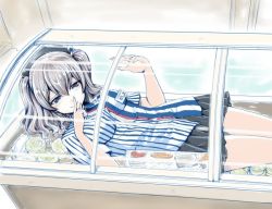 Rule 34 | 1girl, alternate costume, black skirt, blue eyes, blush, breasts, chiaki tarou, clerk, convenience store, display, employee uniform, finger to mouth, grey hair, hat, in container, in refrigerator, kantai collection, kashima (kancolle), lawson, long hair, looking at viewer, lying, md5 mismatch, medium breasts, miniskirt, name tag, on back, parody, pleated skirt, refrigerator, resized, shirt, shop, short sleeves, shushing, skirt, smile, solo, striped clothes, striped shirt, twintails, uniform, vertical-striped clothes, vertical-striped shirt