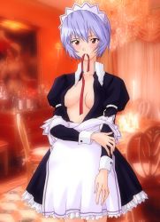 Rule 34 | absurdres, apron, ayanami rei, blue hair, count zero, highres, maid, maid apron, mouth hold, neon genesis evangelion, non-web source, open clothes, ribbon, short hair, solo, undressing