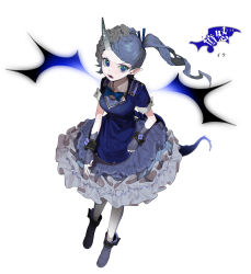 Rule 34 | 1girl, absurdres, bad id, bad pixiv id, blue dress, blue eyes, blue footwear, blue hair, demon girl, dress, fangs, frilled dress, frills, green eyes, highres, horns, long hair, looking at viewer, ohisashiburi, open mouth, original, pantyhose, pointy ears, shoes, side ponytail, simple background, single horn, slit pupils, solo, standing, white background, white pantyhose, wings