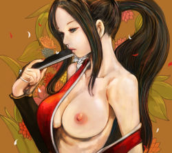Rule 34 | 1girl, bare shoulders, breast slip, breasts, brown hair, folded fan, hand fan, fatal fury, female focus, folding fan, kazaana, large breasts, lips, long hair, nipples, off shoulder, one breast out, ponytail, shiranui mai, snk, solo, the king of fighters, undressing
