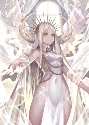 Rule 34 | angel, angel wings, armpit crease, bare shoulders, closed mouth, covered navel, dress, feathers, glowing, highres, horns, indoors, lace, lens flare, light, light rays, nanatsu no taizai, okuma mai, original, platinum blonde hair, red eyes, see-through, standing, white dress, white wings, windowsill, wings