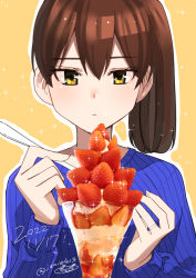 Rule 34 | 1girl, blue sweater, breasts, brown hair, closed mouth, commentary request, dated, food, fruit, hair between eyes, highres, holding, jewelry, kaga (kancolle), kantai collection, long sleeves, masukuza j, orange background, outline, parfait, ribbed sweater, ring, side ponytail, signature, simple background, small breasts, solo, sparkle, strawberry, sweater, twitter username, upper body, wedding ring, white outline, yellow eyes