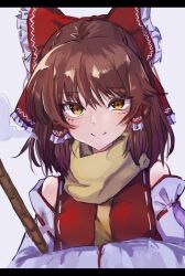 Rule 34 | 1girl, bad id, bad twitter id, bamboo broom, bare shoulders, bow, broom, brown eyes, brown hair, closed mouth, detached sleeves, eyelashes, frilled bow, frilled hair tubes, frills, hair between eyes, hair bow, hair tubes, hakurei reimu, hands in opposite sleeves, light blush, long hair, looking at viewer, necktie, red bow, red vest, ribbon-trimmed sleeves, ribbon trim, scarf, simple background, smile, solo, straight-on, touhou, uneven eyes, upper body, vest, white background, yellow necktie, yellow scarf, yyyyuuuu