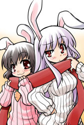 Rule 34 | 2girls, :3, akou roushi, alternate costume, animal ears, black hair, blush, carrot, female focus, hand on own hip, inaba tewi, light purple hair, multiple girls, purple hair, rabbit ears, raised eyebrow, red eyes, red scarf, reisen udongein inaba, ribbed sweater, scarf, shared clothes, shared scarf, smile, sweater, touhou, uneven eyes