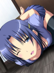 Rule 34 | 1girl, ;o, arms behind back, bdsm, black hair, black thighhighs, blue eyes, blue hair, blush, bondage, bound, bound wrists, breasts, collarbone, door, downblouse, hair ornament, hairclip, lying, matching hair/eyes, nori tamago, one eye closed, open mouth, original, shirt, short hair, skirt, solo, t-shirt, tears, thighhighs, uniform, wince, wink