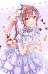 Rule 34 | 1girl, absurdres, blush, citrusmikan, commentary request, dress, drill hair, flower, frilled dress, frills, gloves, hair flower, hair ornament, hair ribbon, highres, holding, holding tray, idolmaster, idolmaster shiny colors, long hair, looking at viewer, open mouth, osaki amana, puffy short sleeves, puffy sleeves, purple dress, purple gloves, red hair, ribbon, see-through, see-through sleeves, short sleeves, side drill, side ponytail, smile, solo, standing, swept bangs, tray, yellow eyes