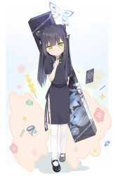 Rule 34 | 1girl, :o, absurdres, animal ears, black dress, black footwear, black hair, blue archive, chinese clothes, commentary, dress, finger to mouth, floral print, full body, green eyes, highres, long hair, mary janes, shiwa (siwaa0419), shoes, shun (blue archive), shun (small) (blue archive), thighhighs, white thighhighs